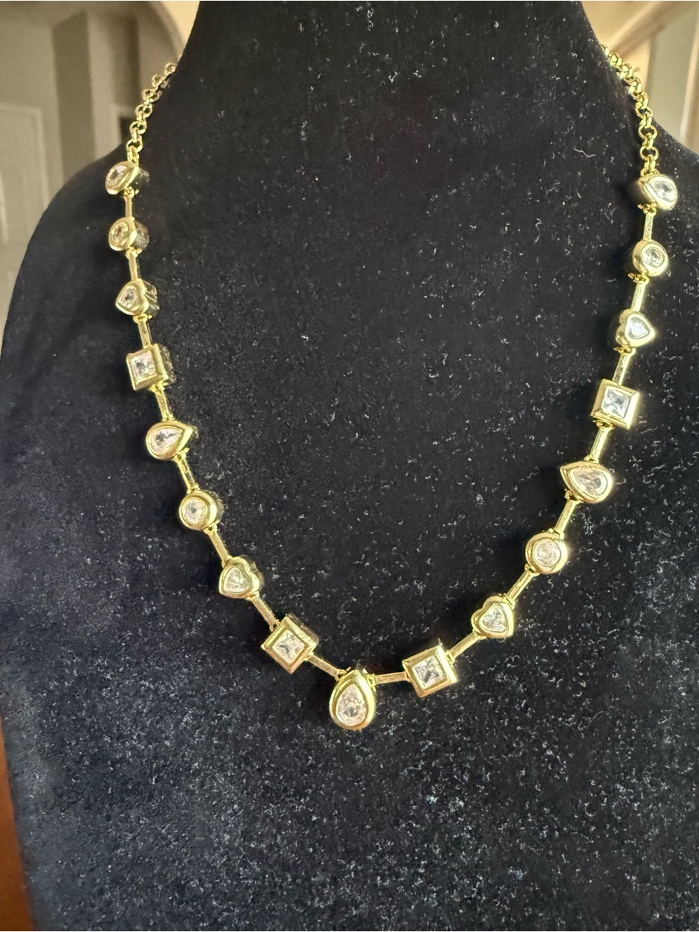 Gold-Tone Teardrop & Square Crystal Necklace - Elegant Women's Jewelry